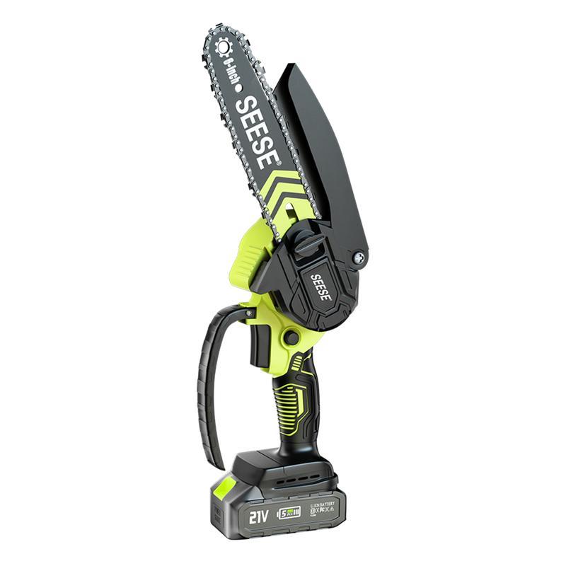 SEESE Mini motosierra inalámbrica 6”, motor sin escobillas, con 2 baterías de 2000 mAh – Ideal para poda, jardinería y corte de madera