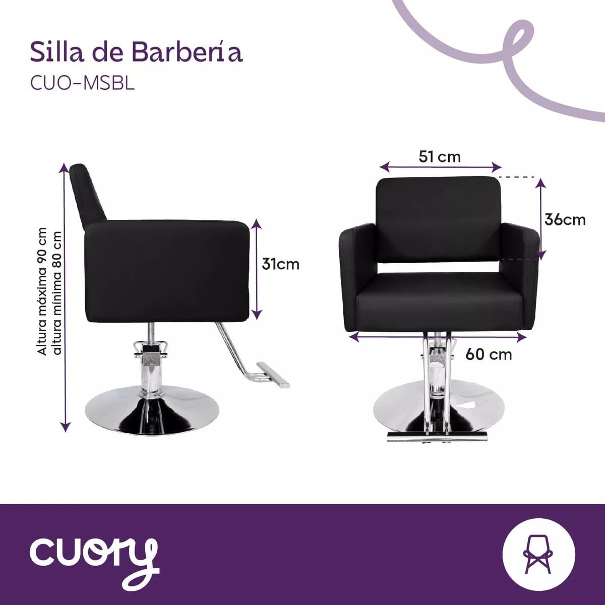CUORY Silla Barberia Sillon de Barberia Estética Estilista Peluquería | Barber Silla Hidraulico Salón de Belleza Cómodo Asiento Giratorio | Altura Ajustable | Redonda Base Cromada | Negro