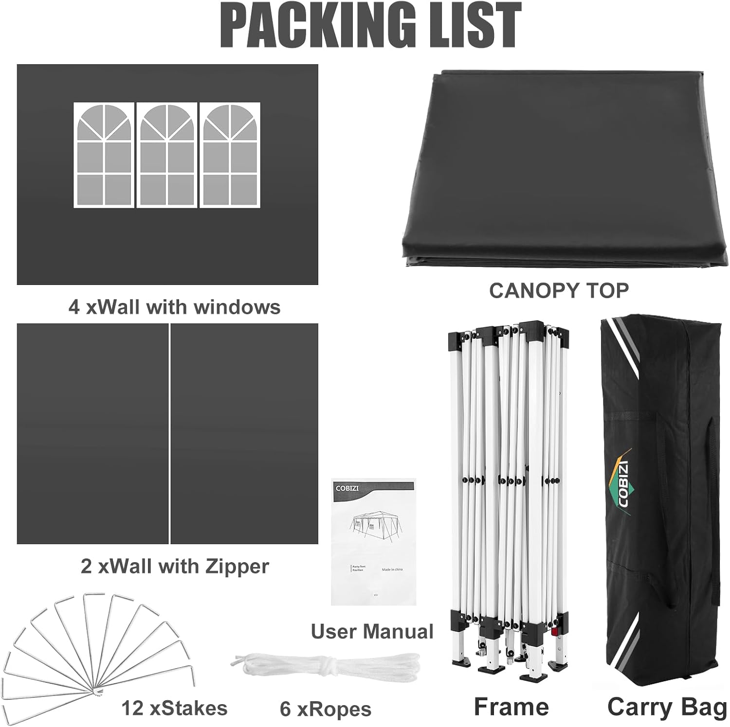 COBIZI - Toldo desplegable de 10 x 20 Pulgadas con 6 Paredes Laterales, toldo Impermeable para Eventos al Aire última intervensión, UPF 50+ cenador portátil para Fiestas, Playa, Camping, Boda,