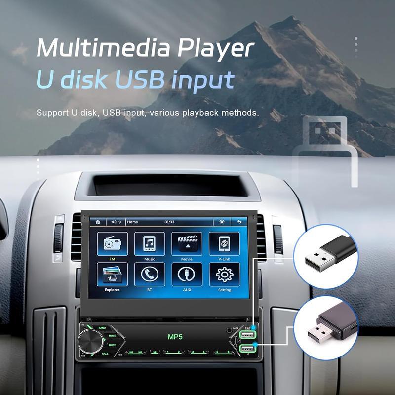 Autorradio de 1 DIN con pantalla táctil de 7 pulgadas, radio para coche con pantalla abatible, Bluetooth, radio FM, función Mirror Link para teléfonos Android/iOS, compatible con tarjetas TF/USB, incluye cámara y micrófono.