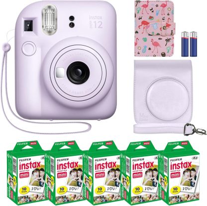 Fujifilm Instax Mini 12 cámara instantánea + paquete de accesorios MiniMate y funda personalizada compatible + Fuji Instax Film Value Pack (50 hojas) Álbum de fotos de diseño flamenco (verde menta)
