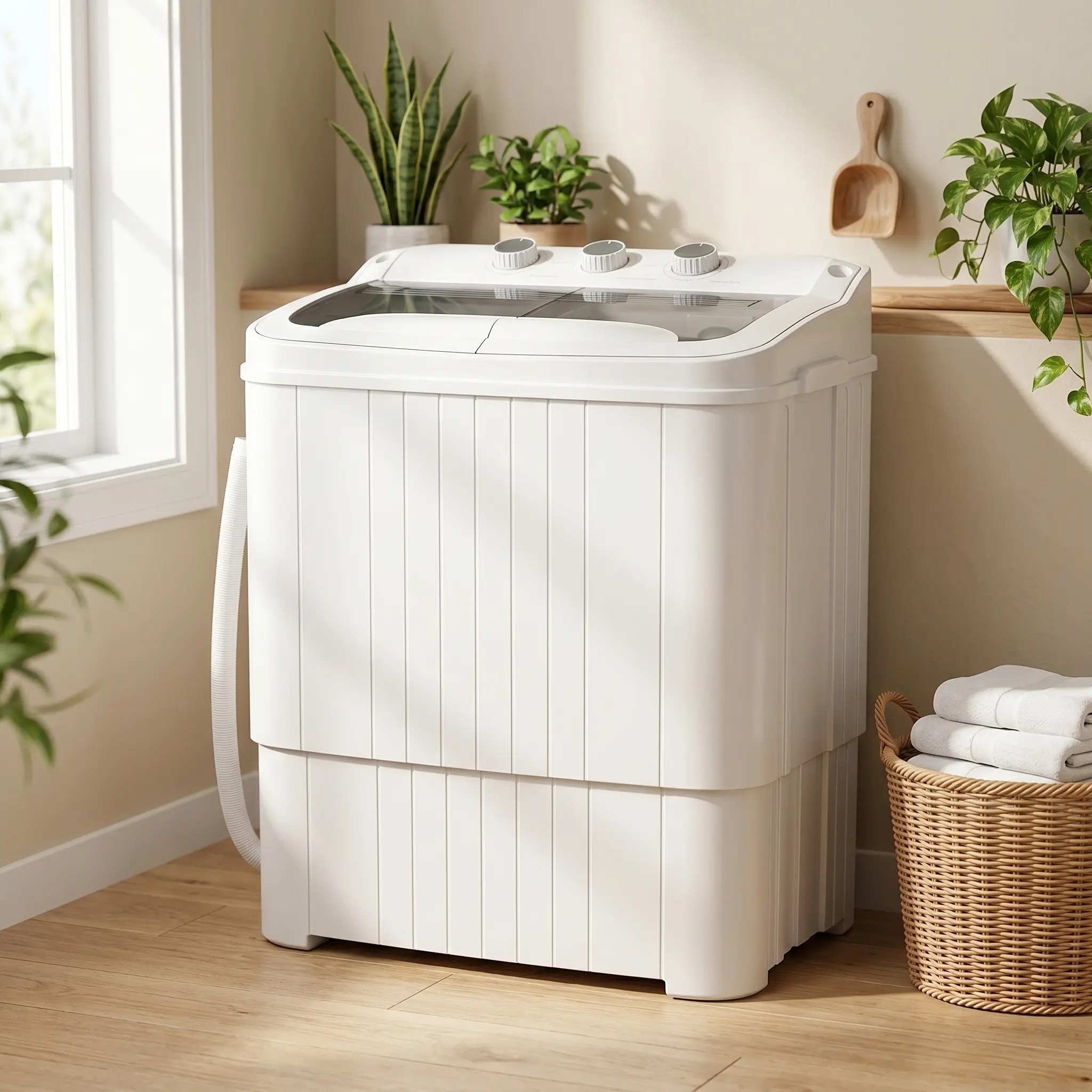 Lavadora semiautomática de doble tina (capacidad total de 16 lb: 9.6 lb de lavado + 5.4 lb de centrifugado); lavadora compacta ideal para apartamentos, dormitorios, casas rodantes, campamentos y uso doméstico diario.