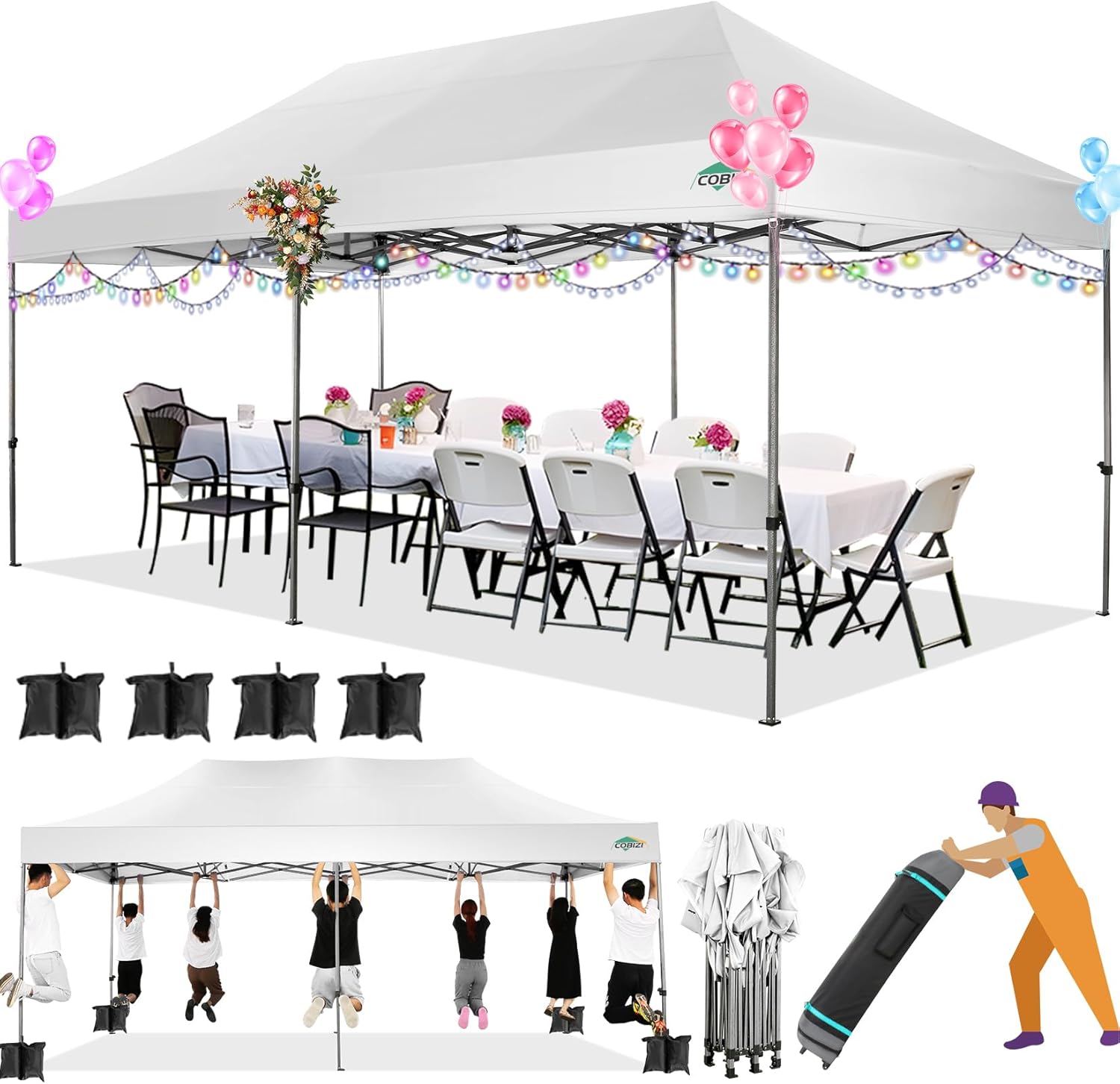 COBIZI - Toldo desplegable de 10 x 20 Pulgadas con 6 Paredes Laterales, toldo Impermeable para Eventos al Aire última intervensión, UPF 50+ cenador portátil para Fiestas, Playa, Camping, Boda,
