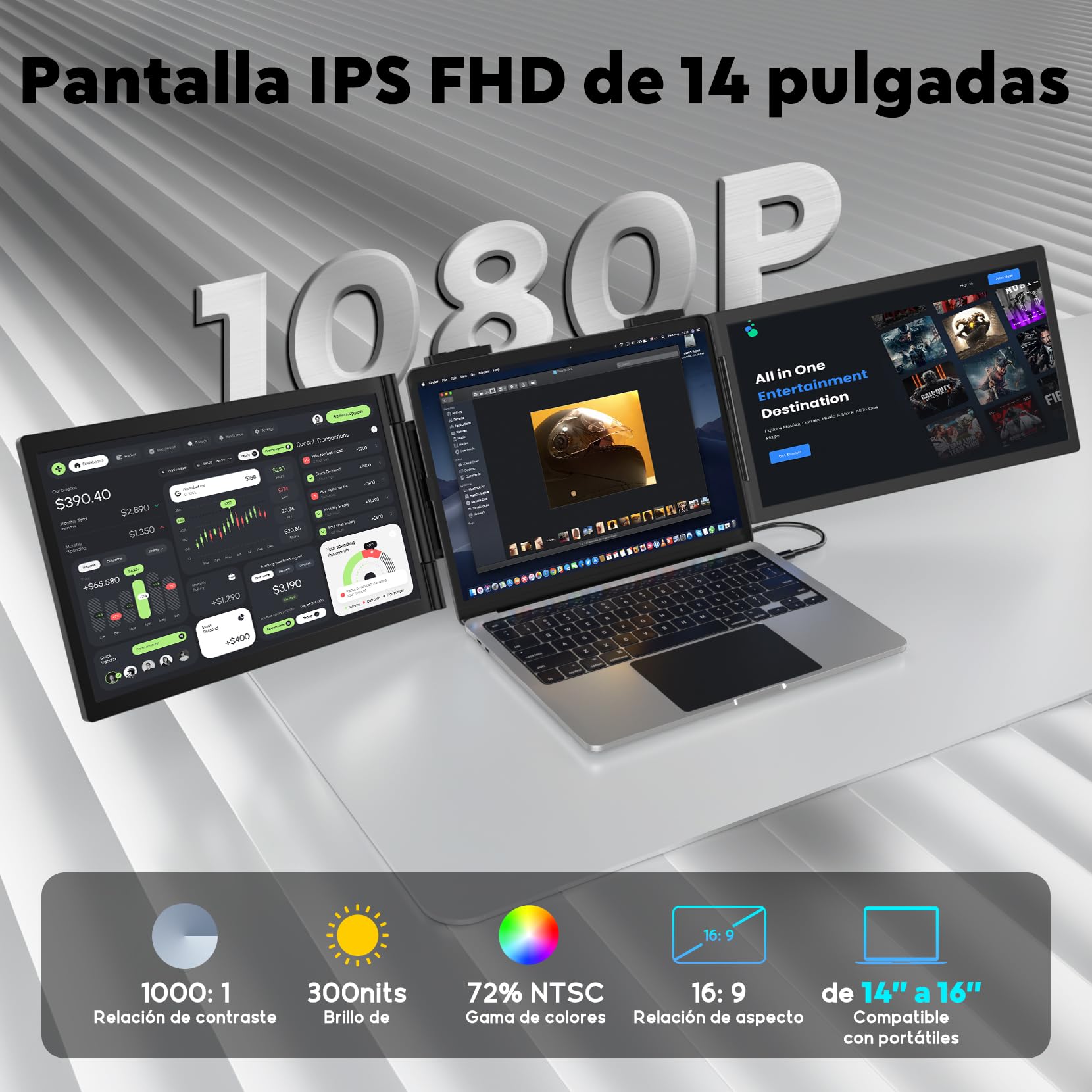 Szory Extensor de Pantalla para Laptop, Monitor Portátil IPS FHD 1080P de 14", Pantalla Triple Compatible con Laptops de 14" a 16", Windows y Mac, Incluye Bolsa de Transporte