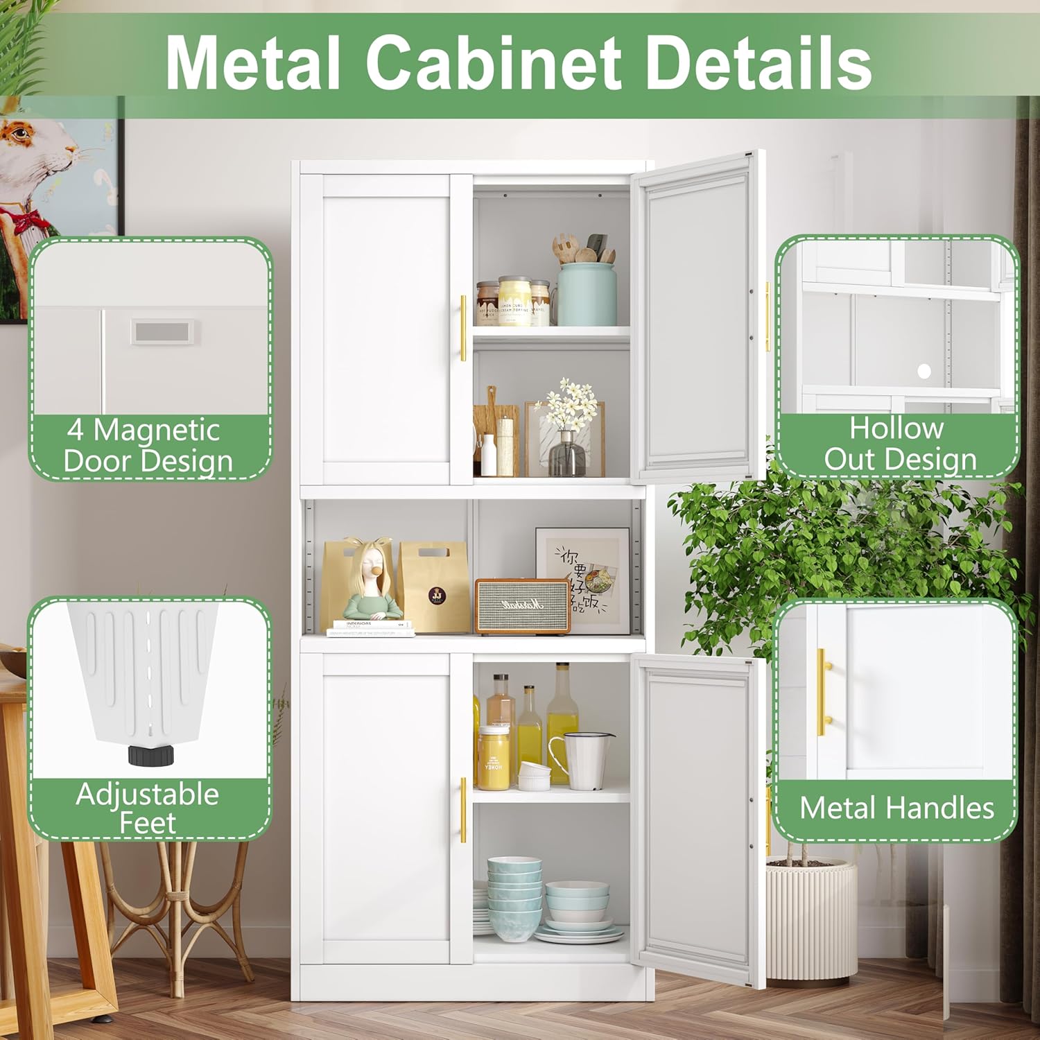 Ckzbx Gabinete de cocina de metal de 61 pulgadas de alto con 4 puertas, armarios de baño, 2 estantes ajustables para cocina, oficina en casa, sala de estar, comedor (negro)