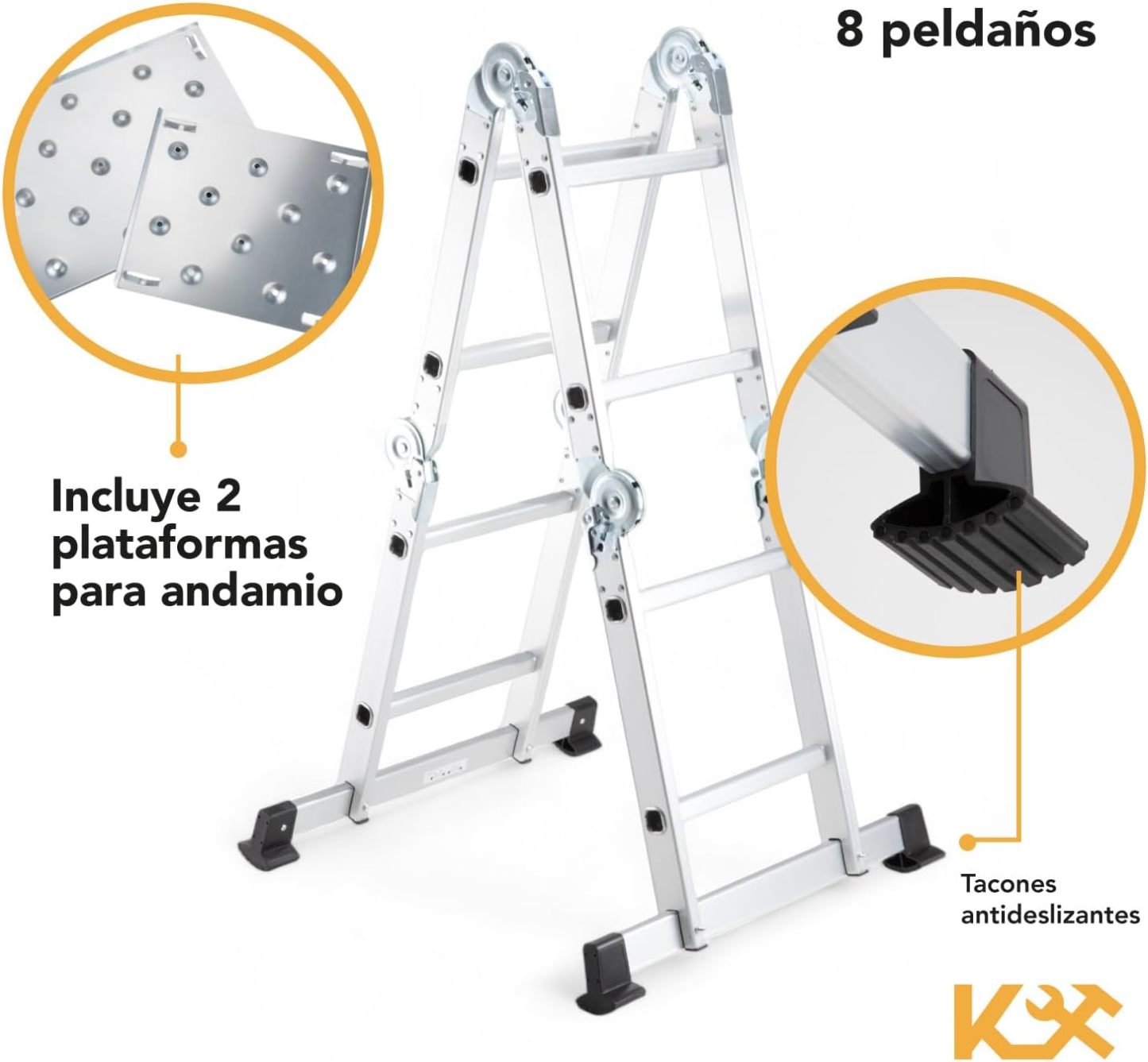 Kingsman | Escalera Multiposiciones 12 Peldaños con Charolas – Soporta hasta 150 kg – Escalera de Aluminio 3.5 MTS – Plegable – Escalera Multipropósito – Tipo Tijera – Andamio – Escalera Recta