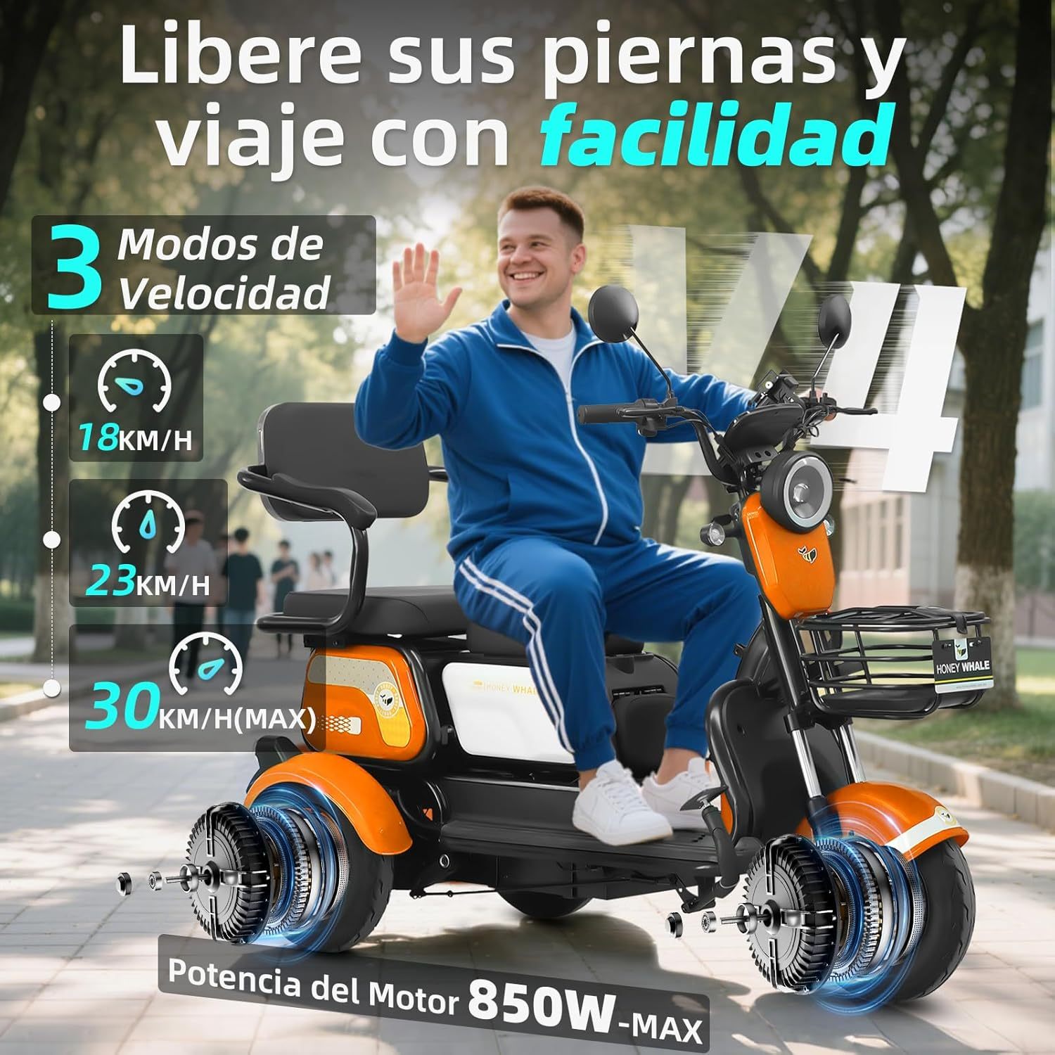 HONEYWHALE V4 Moto Bicicleta Eléctrica para Adultos, Motor de 850W-MAX, Velocidad Máxima 30KM/H, Batería 20AH, Autonomía 50KM, Triciclo Electrico, Viajes en Familia