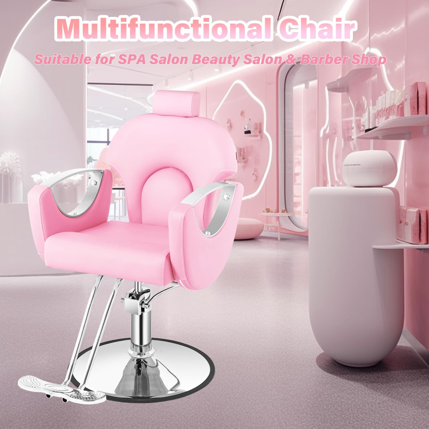 Silla de peluquero de salón, silla reclinable para peluquero, silla de peluquería con bomba hidráulica resistente, silla de peluquería giratoria de 360 grados para peluquería en casa, color rosa