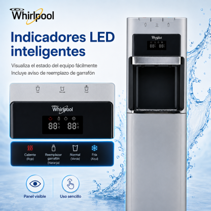 Whirlpool WK5915BD Dispensador de Agua con Garrafón Oculto, Agua Fría y Caliente, Indicador LED, Diseño Moderno