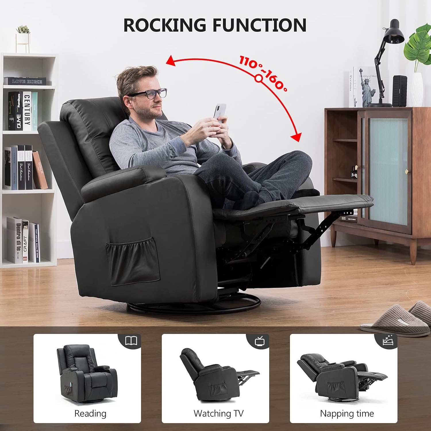 COMHOMA - Silla reclinable de Piel con calefacción y Masaje ergonómico Giratorio de 360 Grados, Soporte para Bebidas para sofá Individual, Silla de Sala de Estar, Color Negro