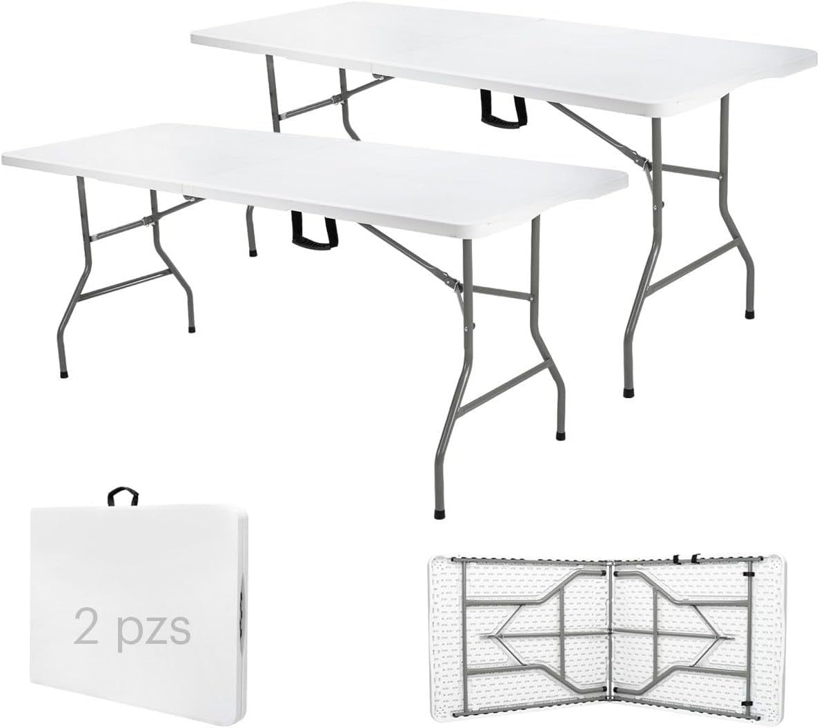Paquete de 2 Mesas Plegables Negras 180 cm | Mesas de Plástico Resistente Uso Rudo | Ideales para Eventos, Jardín, Negocio y Hogar | Fácil Almacenamiento