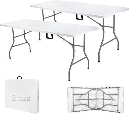 Paquete de 2 Mesas Plegables Negras 180 cm | Mesas de Plástico Resistente Uso Rudo | Ideales para Eventos, Jardín, Negocio y Hogar | Fácil Almacenamiento