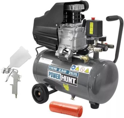 Compresor de aire 25 litros para pintar motor de 2.5 hp, 115 psi, sopletear, barnizar, con doble conexión rápida. Incluye manguera para compresor de 3 metros y pistola de gravedad.
