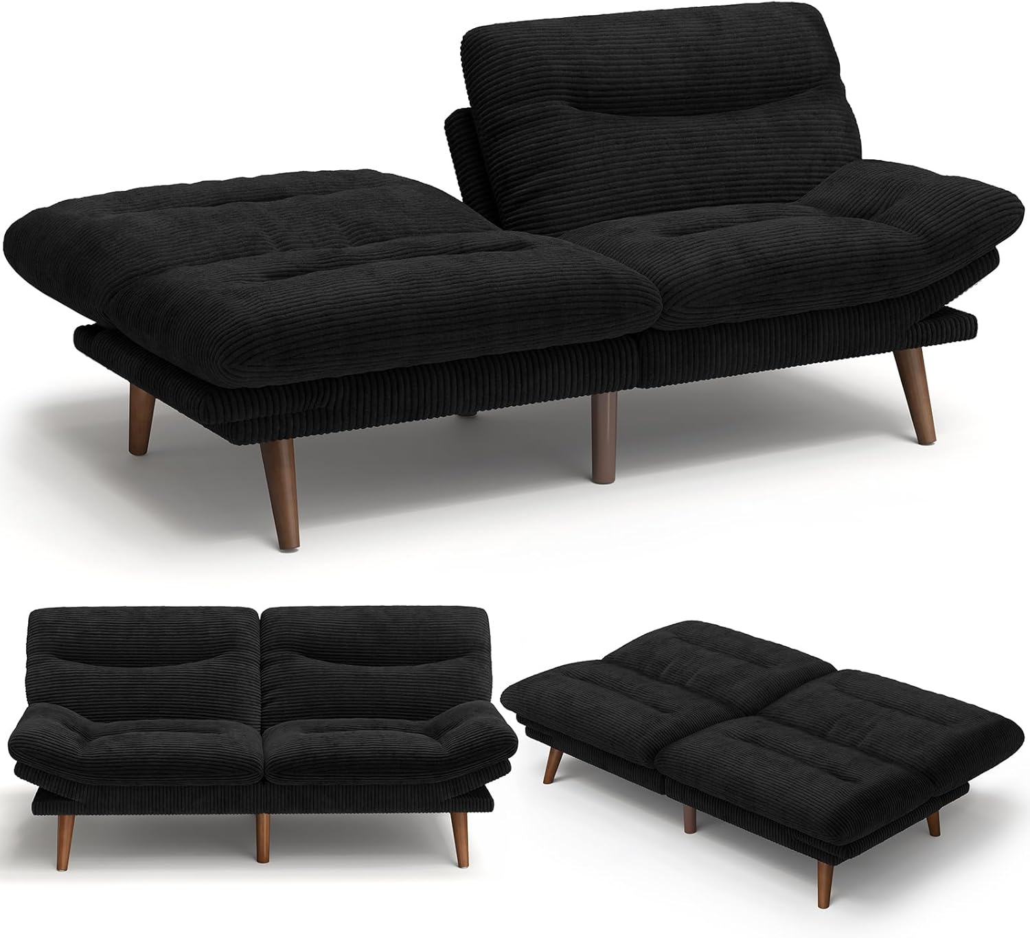 AMADA Sofá Cama Futón Convertible de 66", Juego de Futón Plegable de Pana con Respaldo y Reposabrazos Ajustables, Sillón Reclinable para Sala de Estar, Departamento u Oficina, Marco de Madera Sólida