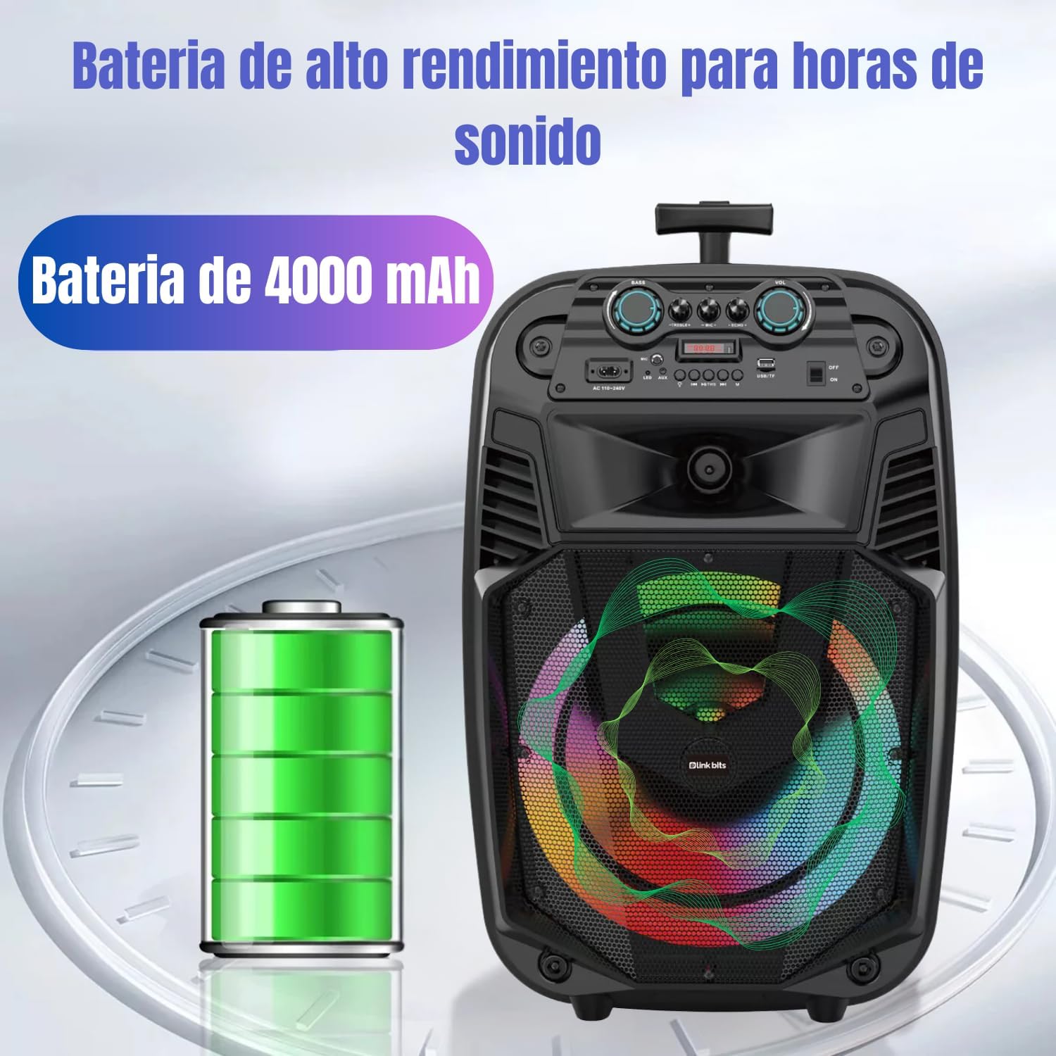 LINK BITS BM15013K Bocina Bluetooth Grande 15 Pulgadas, Recargable Altavoces Speaker Control y micrófono, bafle Super Buffer Karaoke para Fiesta con Luz Led