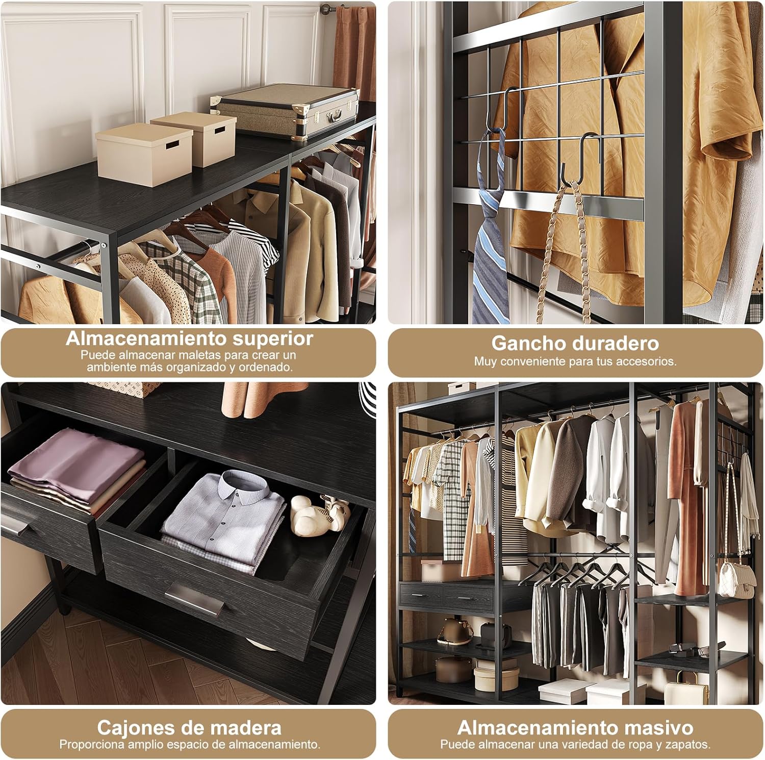 Simple Wisdom Closet Armables Para Ropa,2M Perchero Para Ropa Esquina en Forma de L,Closet Para Ropas Con 2 Cajones de Madera,Rack Para Ropas Con 5 Estantes Abiertos (Negro)