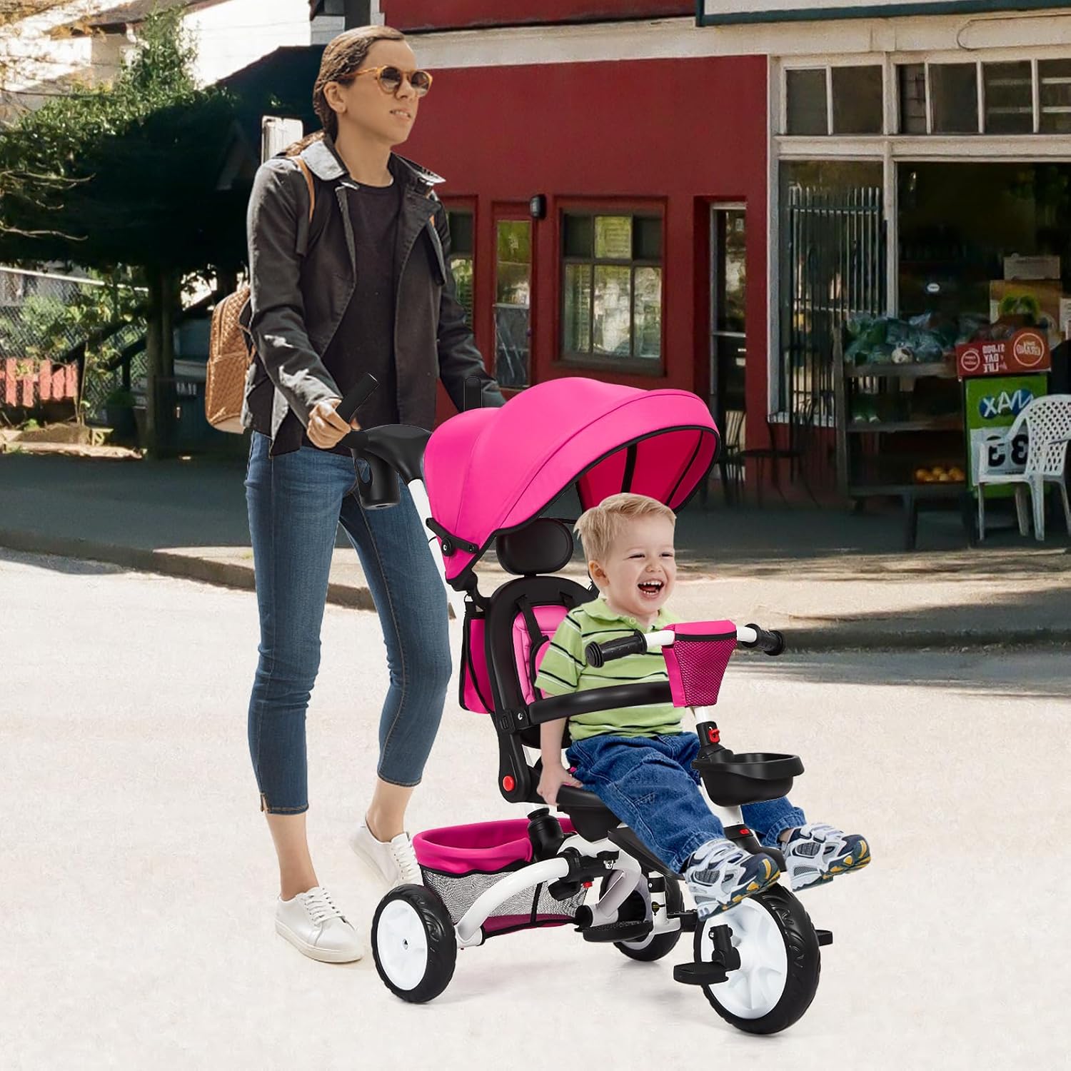 Babevy - Triciclo para bebé, 7 en 1, Plegable con Mango de Empuje Ajustable extraíble, toldo, Asiento Giratorio, arnés de Seguridad, portavasos y Almacenamiento, Triciclo para niños de 1 a 5 años