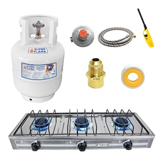 Combo Super Flama Parrilla De Gas Lp De 3 Quemadores Con Tanque De Gas 10 Kg Y Kit De Instalación