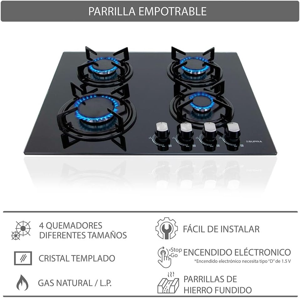 SUPRA Combo empotrable Kalas, Parrilla a gas de 4 quemadores para empotrar de 60 cm Mod. KAYSER, Campana extractora de tipo pared en acero inoxidable de 60 cm Mod. CB-60