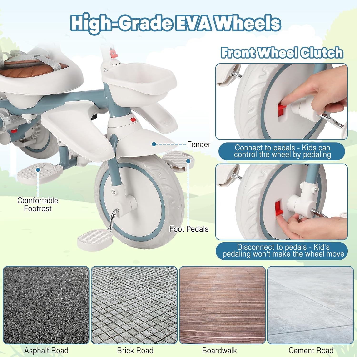 Babevy - Triciclo para bebé, 7 en 1, Plegable con Mango de Empuje Ajustable extraíble, toldo, Asiento Giratorio, arnés de Seguridad, portavasos y Almacenamiento, Triciclo para niños de 1 a 5 años