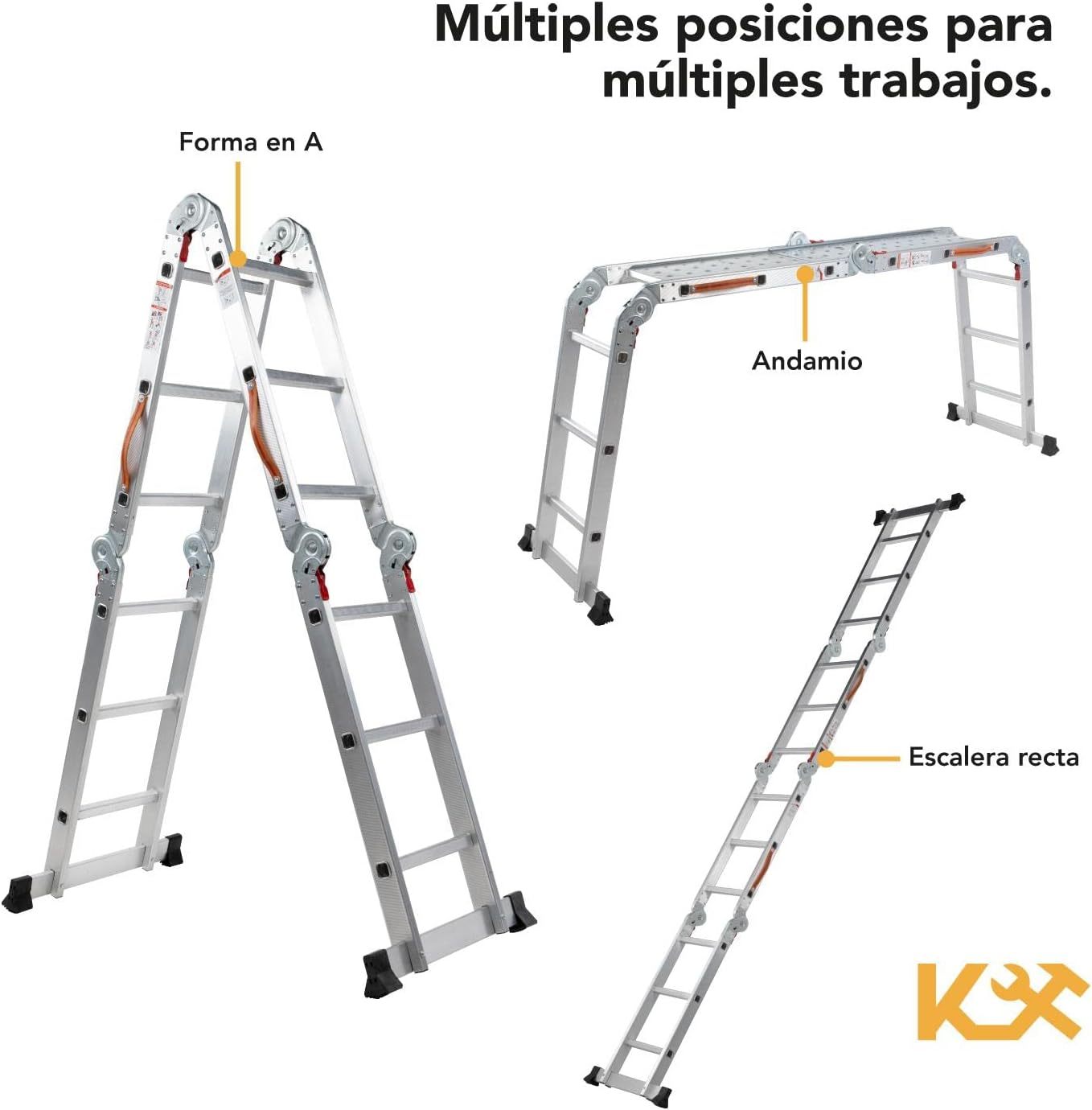 Kingsman | Escalera Multiposiciones 12 Peldaños con Charolas – Soporta hasta 150 kg – Escalera de Aluminio 3.5 MTS – Plegable – Escalera Multipropósito – Tipo Tijera – Andamio – Escalera Recta