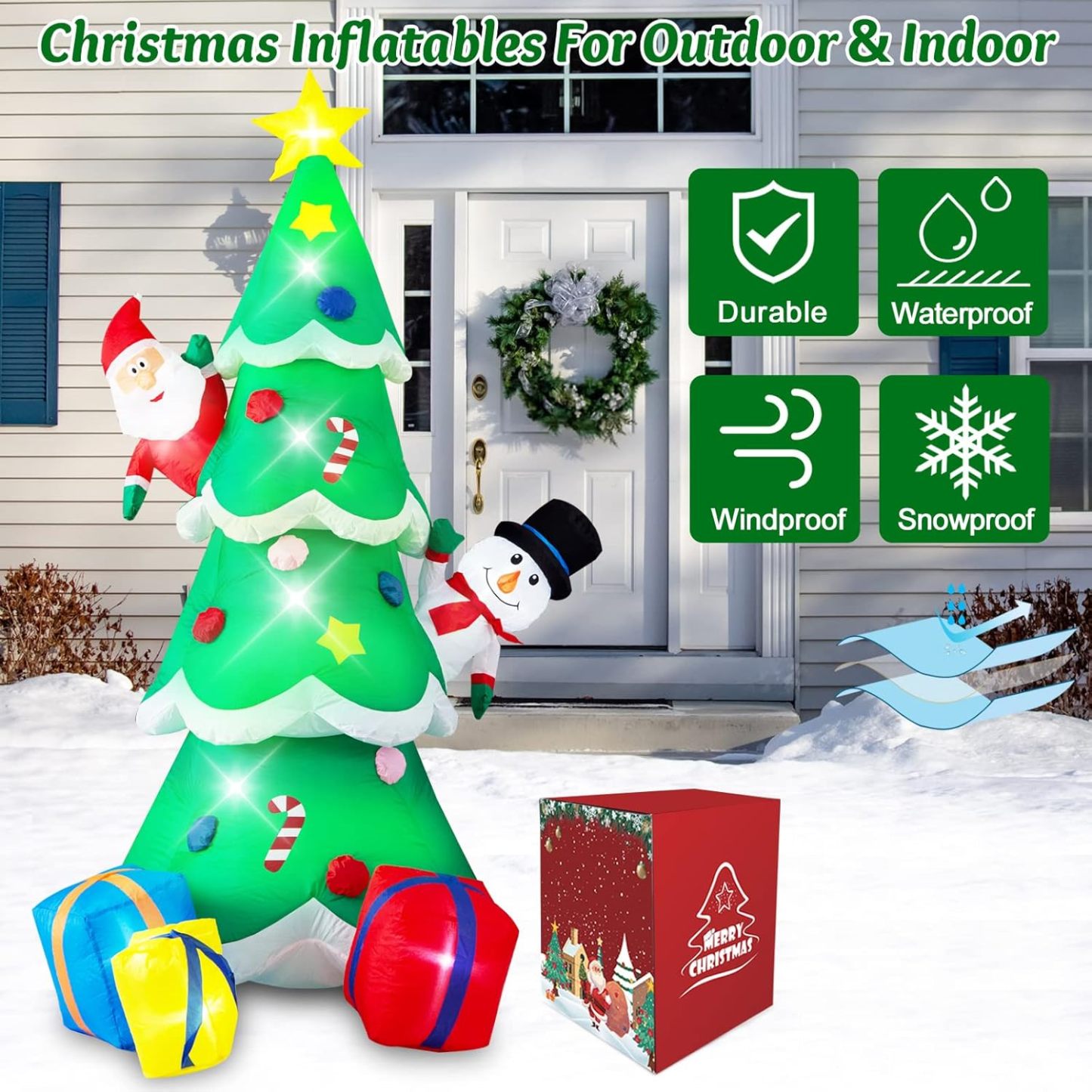 Danxilu 1.83M Arbol de Navidad Inflable con Papá Noel Perro Decoraciones al Aire Libre, Inflables Navidad Arbol Santa Claus para el Patio Inflables Navideños Decoración Iluminada con Leds