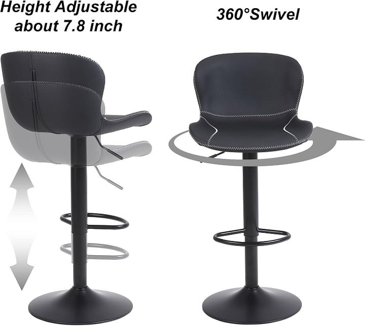 Youhauchair - Juego de 2 taburetes de bar de piel sintética con respaldo y sillas giratorias de altura ajustable, moderno taburete de cocina sin brazos, color negro
