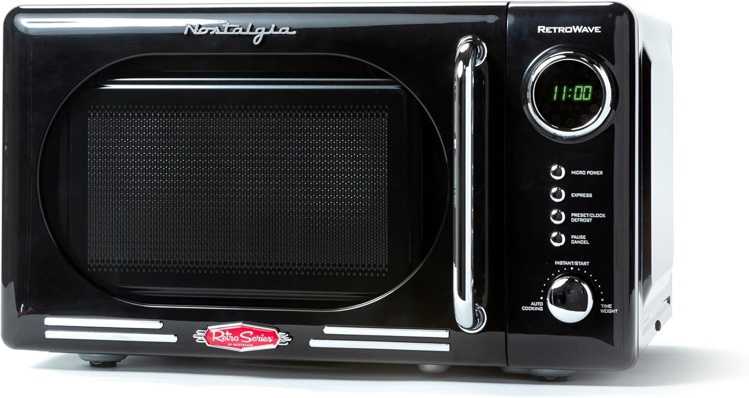 Nostalgia - Horno de microondas retro para encimera de mediados de siglo, tamaño grande de 900 W, 0.9 pies cúbicos, 8 ajustes de cocción preprogramados, reloj digital, electrodomésticos de cocina,