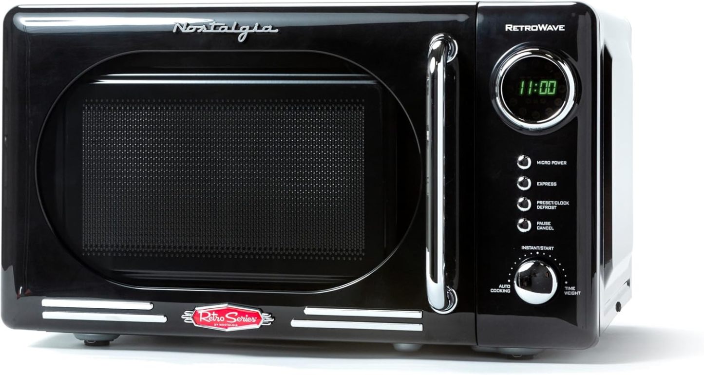 Nostalgia - Horno de microondas retro para encimera de mediados de siglo, tamaño grande de 900 W, 0.9 pies cúbicos, 8 ajustes de cocción preprogramados, reloj digital, electrodomésticos de cocina,