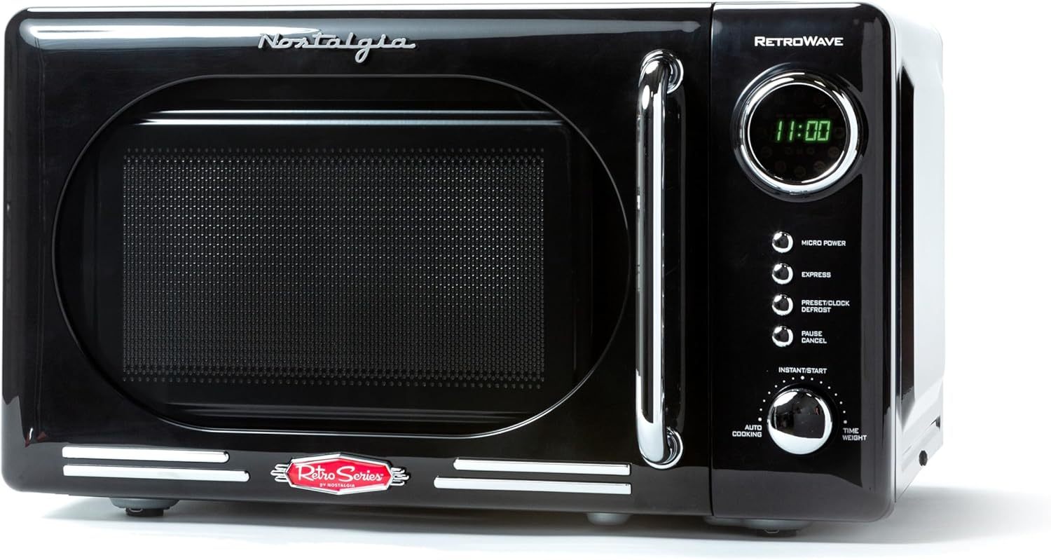 Nostalgia - Horno de microondas retro para encimera de mediados de siglo, tamaño grande de 900 W, 0.9 pies cúbicos, 8 ajustes de cocción preprogramados, reloj digital, electrodomésticos de cocina,