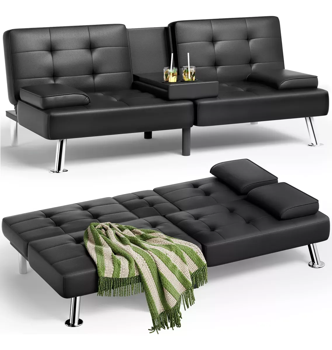 Sofá cama futón plegable portavasos de piel sintética marrón