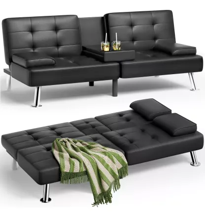 Sofá cama futón plegable portavasos de piel sintética marrón