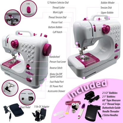 Sew Mighty Mini máquina de coser portátil y kit de costura – 12 patrones de costura preprogramados – Funciona con pilas y CA, doble velocidad, cose hacia adelante y hacia atrás, alimentación de CA y CC – Incluye pedal de pie