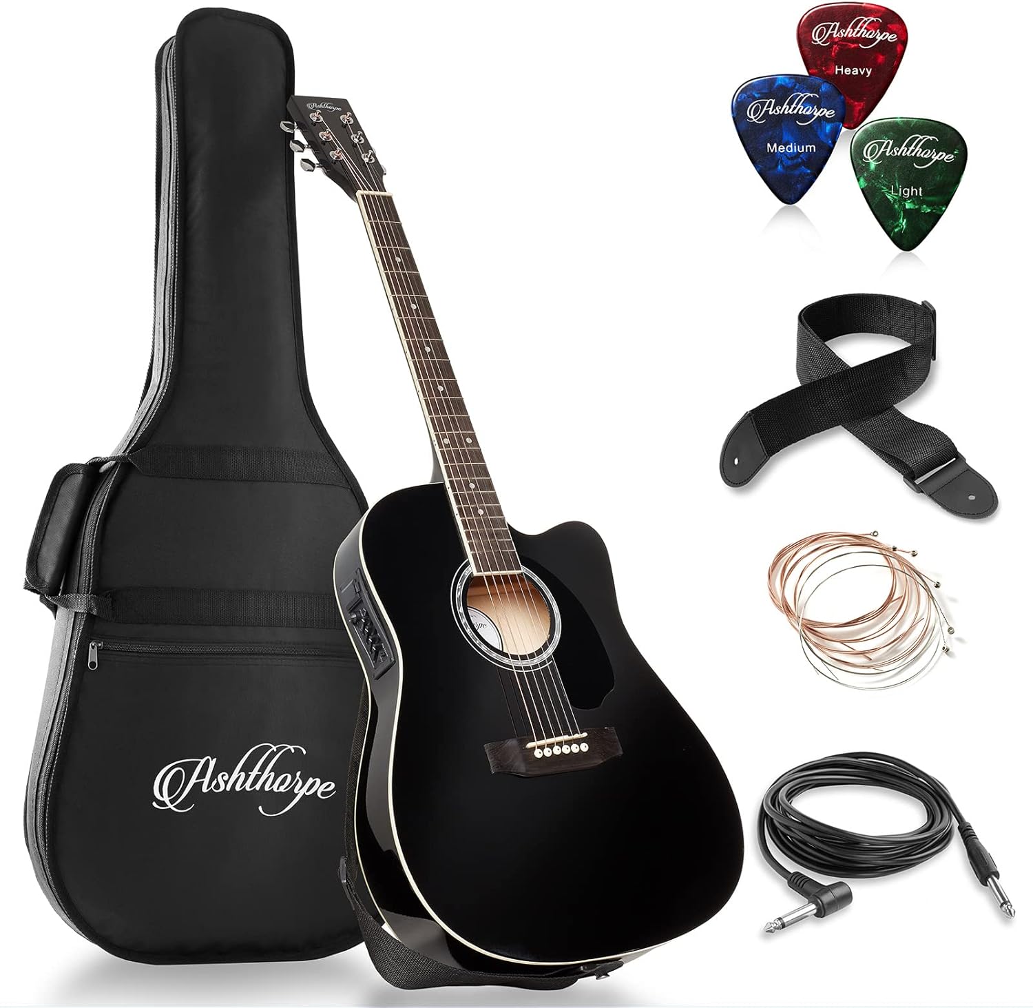 Ashthorpe - Paquete de guitarra acústica-eléctrica de tamaño completo, Negro