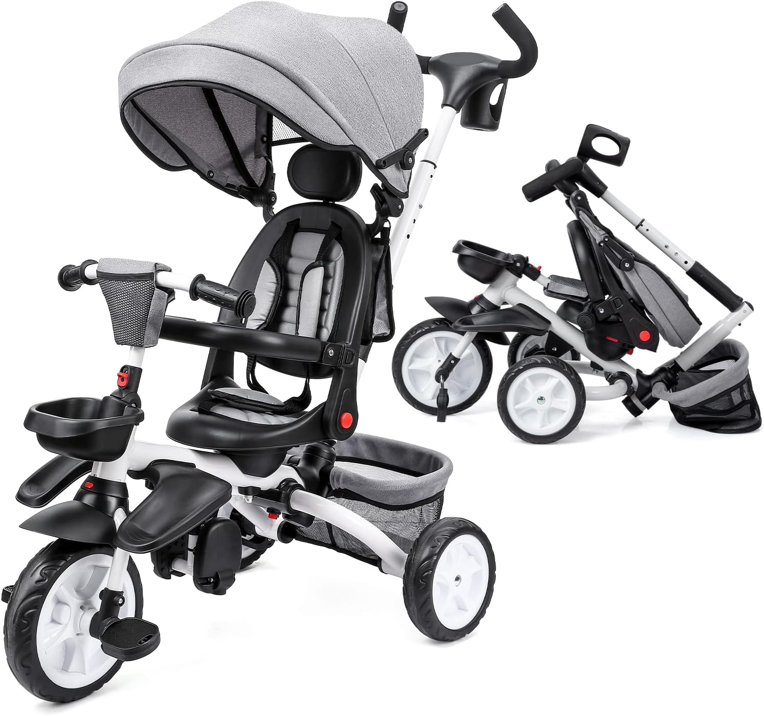 Babevy - Triciclo para bebé, 7 en 1, Plegable con Mango de Empuje Ajustable extraíble, toldo, Asiento Giratorio, arnés de Seguridad, portavasos y Almacenamiento, Triciclo para niños de 1 a 5 años