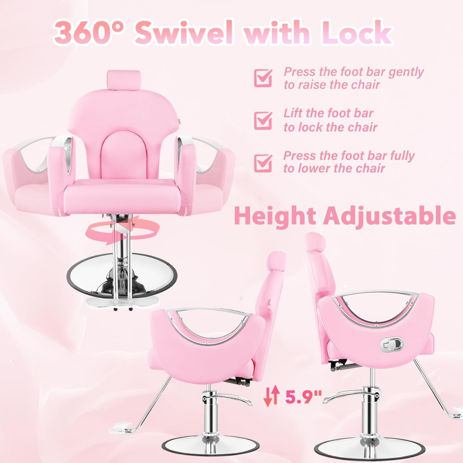 Silla de peluquero de salón, silla reclinable para peluquero, silla de peluquería con bomba hidráulica resistente, silla de peluquería giratoria de 360 grados para peluquería en casa, color rosa
