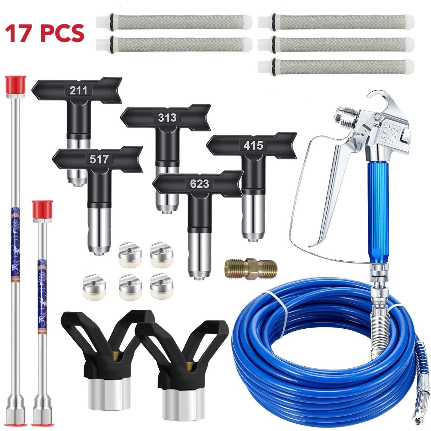 Handheld Airless Paint Spray Gun Kit, Paint Spraying Tool, 3600 PSI High-Pressure Paint Sprayer for House Painting with 32.81ft Hose, 180&deg; Reversible Nozzles, 2 Tip Guards, 2 Stainless Steel Extension Rods for Heavy-Duty Spray Painting