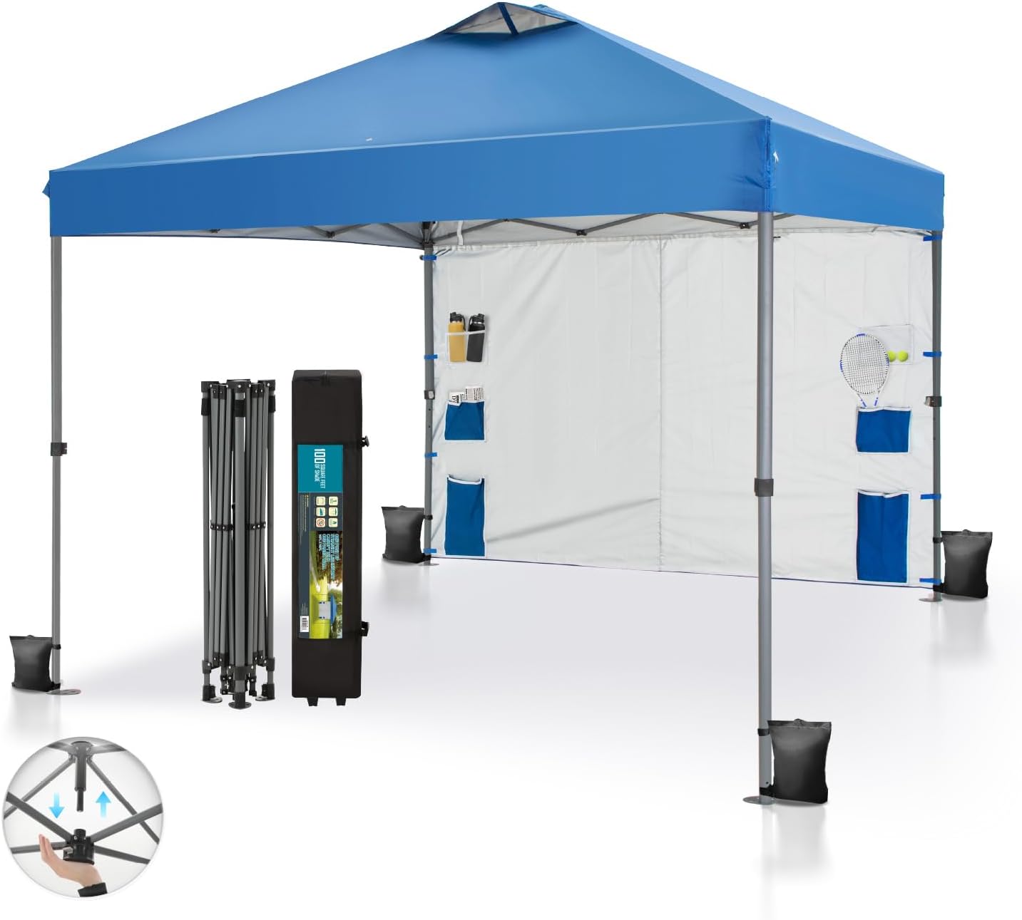Green Party - Tienda de campaña desplegable de 10 x 10 pulgadas con 1 pared lateral y 6 bolsillos, un toldo instantáneo Ootdoor con techo ventilado y bolsa de transporte con ruedas para patio,