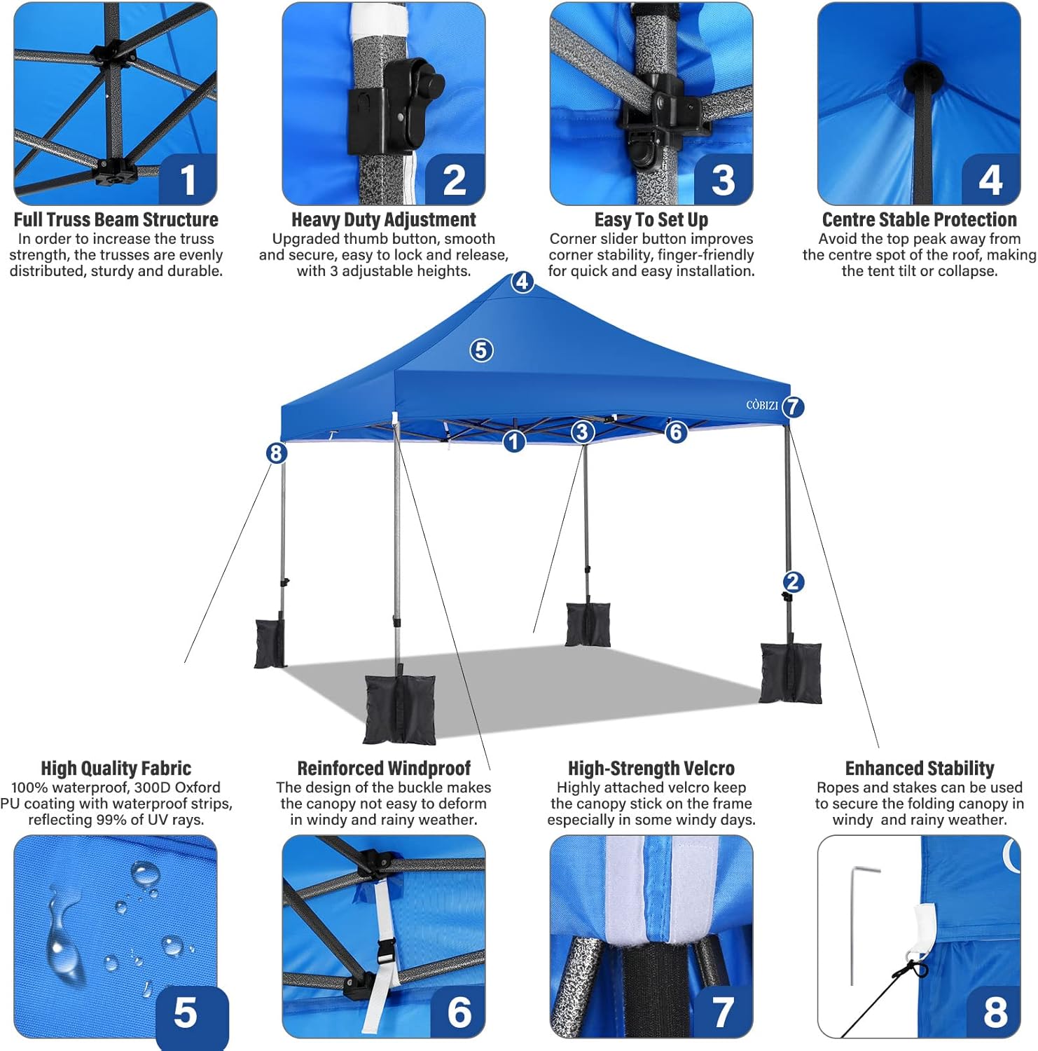 COBIZI - Toldo desplegable de 10 x 20 Pulgadas con 6 Paredes Laterales, toldo Impermeable para Eventos al Aire última intervensión, UPF 50+ cenador portátil para Fiestas, Playa, Camping, Boda,