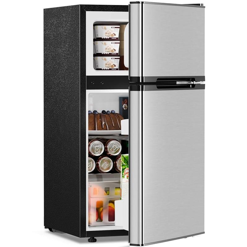 [Existencias limitadas] Mininevera de 3,2 pies cúbicos con congelador; refrigerador compacto de doble puerta con estantes ajustables y extraíbles, ideal para dormitorios, apartamentos, oficinas o sótanos.