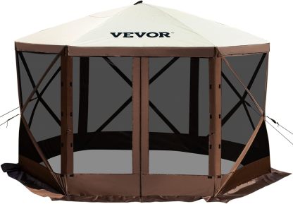 VEVOR Carpa Plegable de 6 Lados 3,6 x 3,6 m, Pérgola de Jardín con Techo Desmontable y Bolsa de Transporte, Carpa de Exterior para 8 a 10 Personas, para Fiesta, Camping, Playa, Patio, Jardín, Marrón