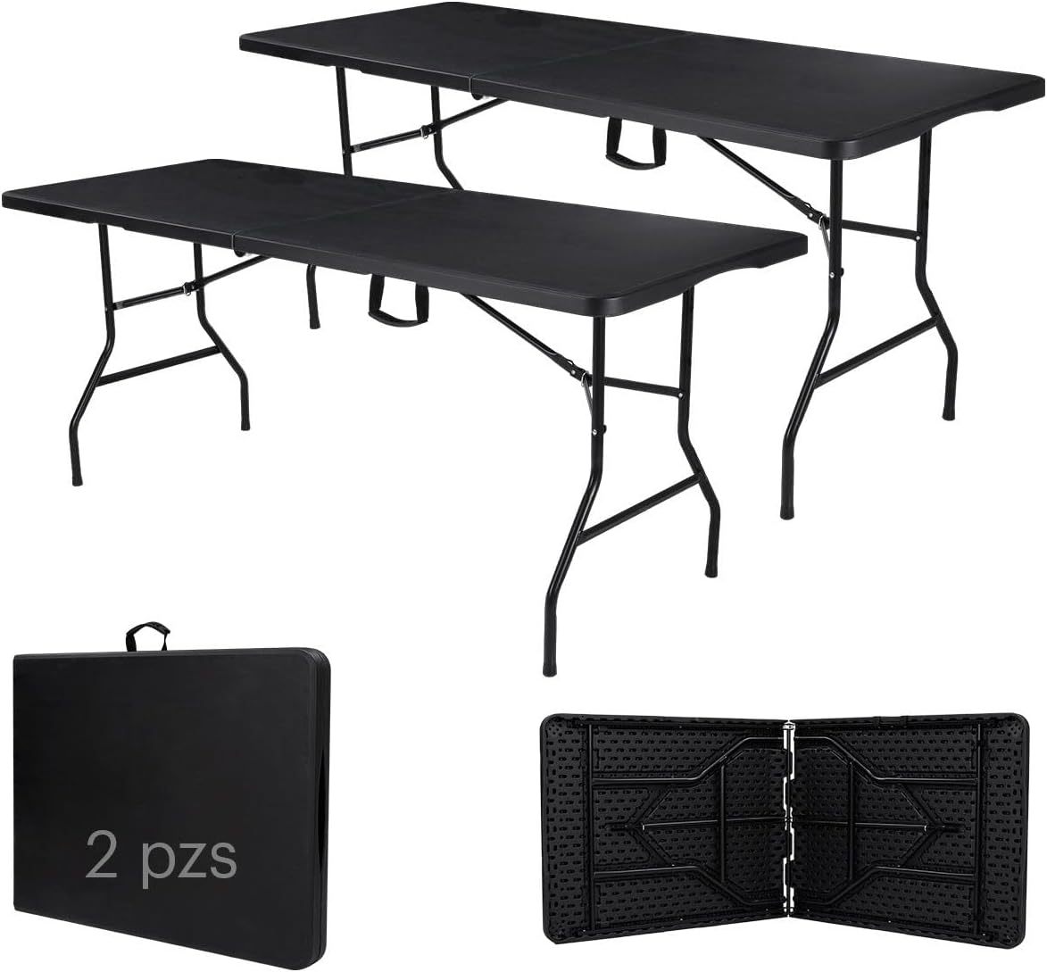 Paquete de 2 Mesas Plegables Negras 180 cm | Mesas de Plástico Resistente Uso Rudo | Ideales para Eventos, Jardín, Negocio y Hogar | Fácil Almacenamiento