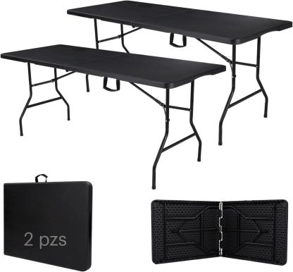 Paquete de 2 Mesas Plegables Negras 180 cm | Mesas de Plástico Resistente Uso Rudo | Ideales para Eventos, Jardín, Negocio y Hogar | Fácil Almacenamiento