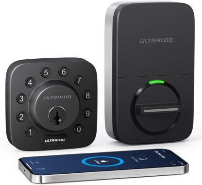 ULTRALOQ U-Bolt 5 en 1 Cerradura de puerta de entrada sin llave con smartphone, Bluetooth, teclado, desbloqueo automático, cerradura de puerta inteligente, cerrojo inteligente, cerradura de puerta delantera, certificado ANSI grado 1, color negro