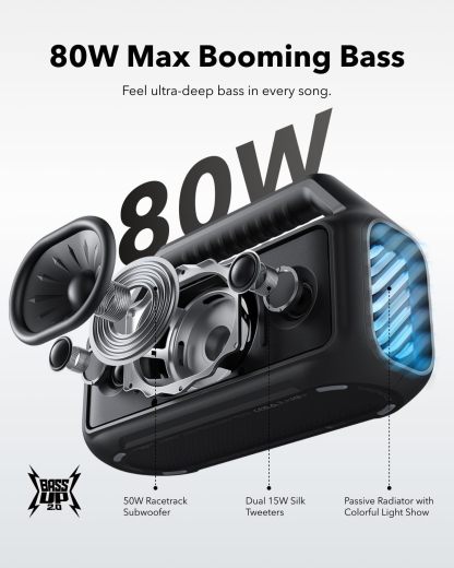 Soundcore Boom 2 bocina, 60W RMS y Tecnología BassUp, 24 Horas de reproducción, Sincroniza +100 Altavoces, IPX 7 y flotación, Altavoz Inalámbrico, Portátil Bluetooth, Party Box