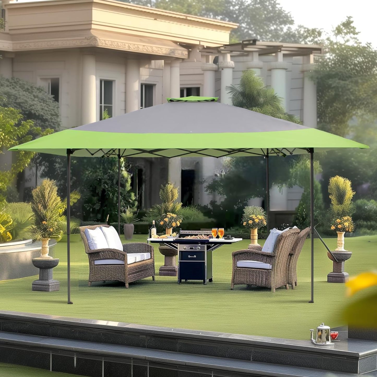 PHI VILLA - Toldo parasol con bloqueo UV de 4 x 4 m con kits de herramientas, pantalla de cenador para patio al aire libre, eventos de jardín-toallita mágica esponja