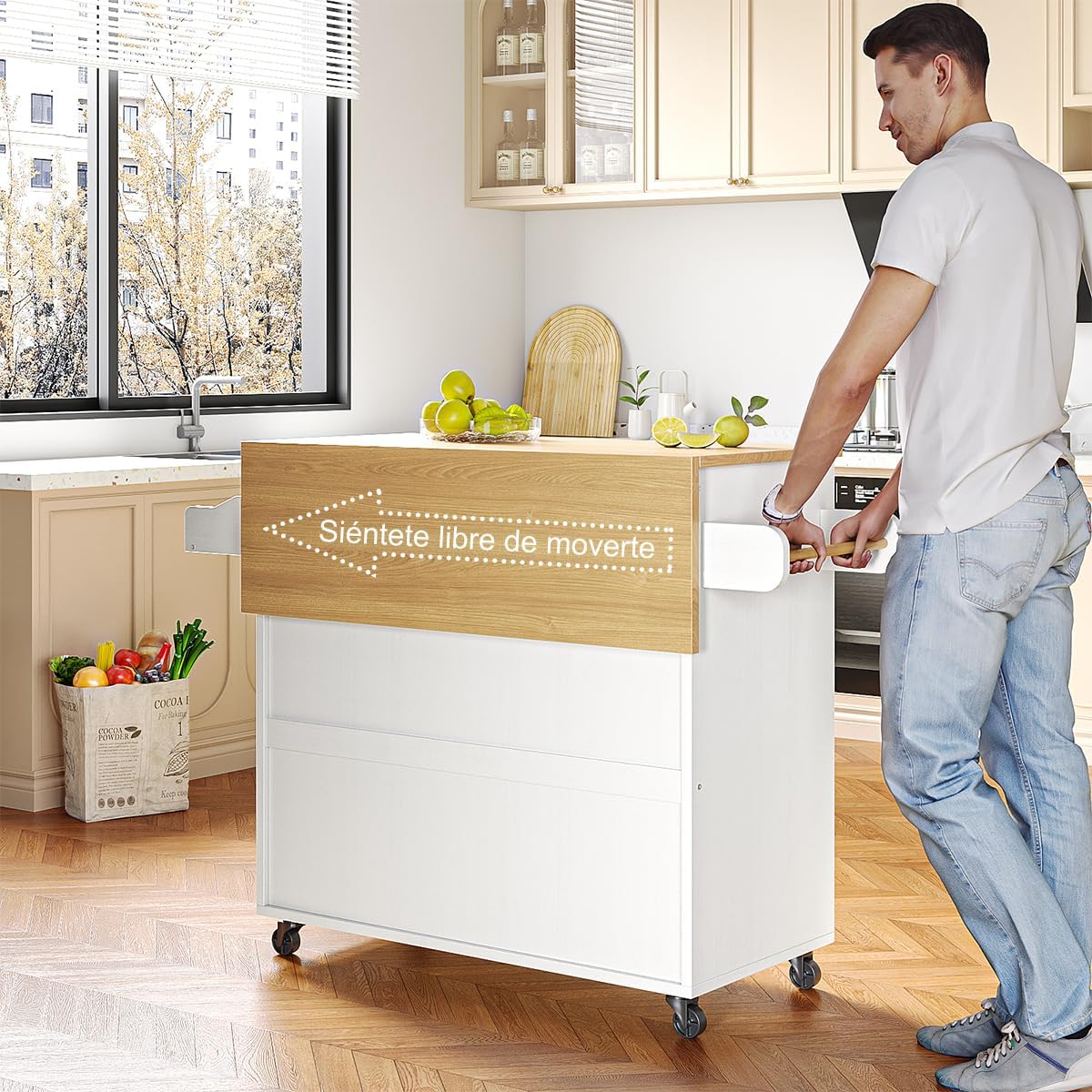Isla de Cocina Móvil Multifuncional con Ruedas - Abatible,Organizador Integrado Gabinetes,Cajones,Especiero,Toallero Mesa Auxiliar,Almacenamiento Compacto Color de Relieve Blanco