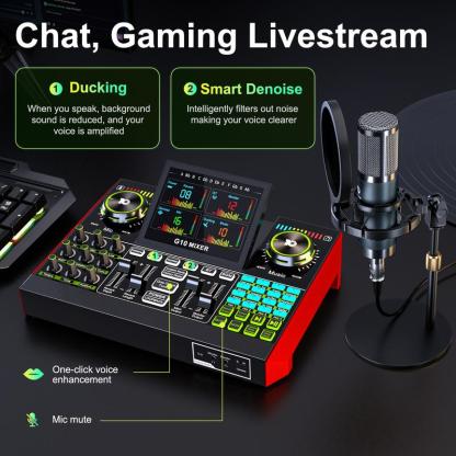 Kit de tarjeta de sonido de mezcla Tenlamp G10-P15, efectos de sonido personalizables, reducción de ruido de dos niveles, equipado con un micrófono de condensador, adecuado para transmisión en vivo, juegos, canto, podcasting y más.