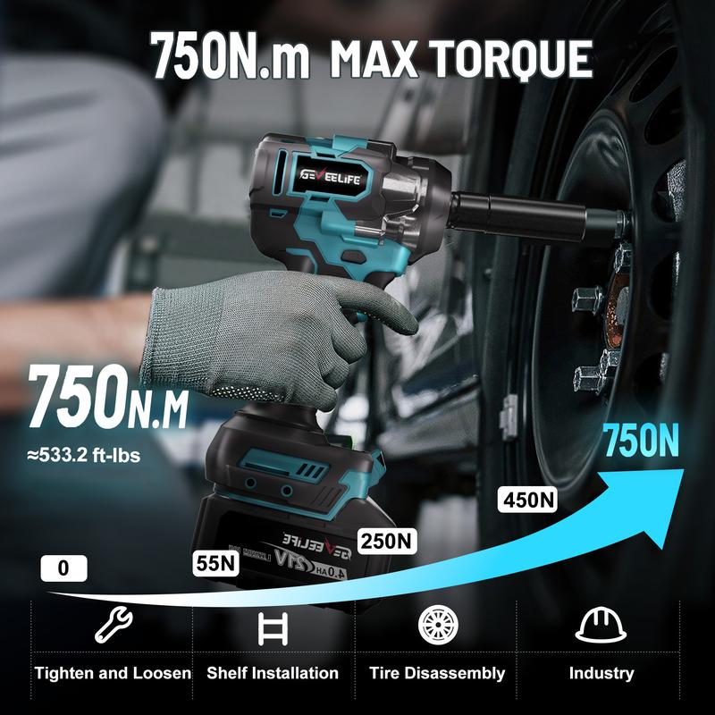 Llave de impacto sin escobillas GEVEELIFE 750Nm 3 en 1 de 1/2", inalámbrica, 3300 RPM, 2 baterías de 4.0 Ah, 6 vasos. Ideal para coches, bricolaje, muebles y cortacéspedes.