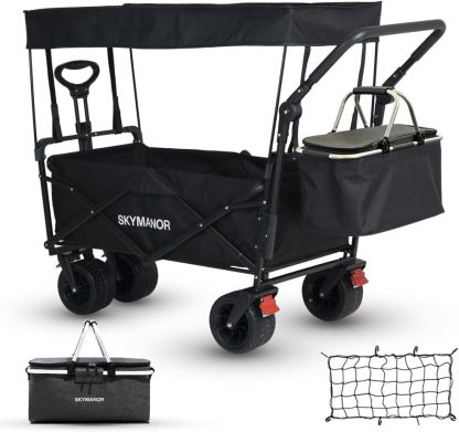 SKYMANOR Carro de jardín plegable 3 en 1 con toldo para niños y carga, carriola plegable EZ ruedas todo terreno, 300 libras, 2 portavasos para cinturón de seguridad, color negro, SKYDPBB